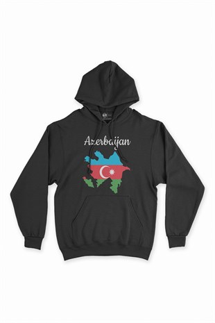 Azerbaycan Haritalı ve Bayraklı Siyah Kapşonlu Sweatshirt Hoodie