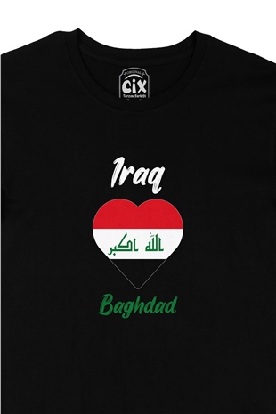 Bağdat Irak Bayraklı Kalpli Siyah Tişört