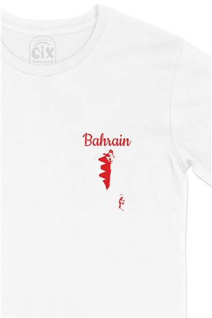 Bahreyn Haritalı ve Bayraklı Cep Logo Tasarımlı Beyaz Tişört