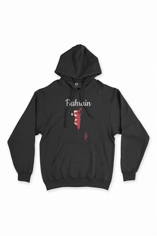 Bahreyn Haritalı ve Bayraklı Siyah Kapşonlu Sweatshirt Hoodie
