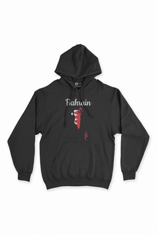Bahreyn Haritalı ve Bayraklı Siyah Kapşonlu Sweatshirt Hoodie