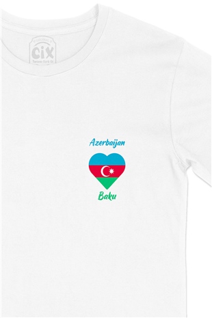 Bakü Azerbaycan Bayraklı Kalpli Cep Logo Tasarımlı Beyaz Tişört