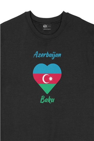 Bakü Azerbaycan Bayraklı Kalpli Siyah Sweatshirt