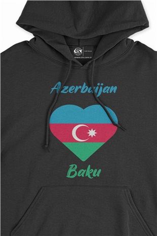 Bakü Azerbaycan Bayraklı Kalpli Siyah Sweatshirt Hoodie