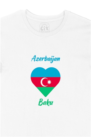 Bakü Azerbaycan Bayraklı Kalpli Tişört