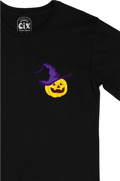Bal Kabağı Hallowen Cep Logo Tasarımlı Siyah Tişört