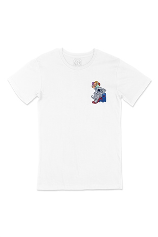 Balonlu Astronot Cep Logo Tasarımlı Beyaz Tişört