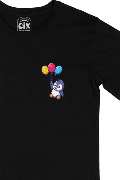 Balonlu Penguen Cep Logo Tasarımlı Siyah Tişört