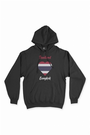 Bangkok Tayland Bayraklı Kalpli Siyah Sweatshirt Hoodie