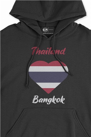 Bangkok Tayland Bayraklı Kalpli Siyah Sweatshirt Hoodie
