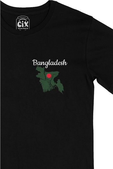 Bangladeş Haritalı ve Bayraklı Cep Logo Tasarımlı Siyah Tişört