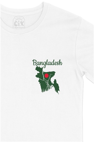 Bangladeş Haritalı ve Bayraklı Cep Logo Tasarımlı Beyaz Tişört