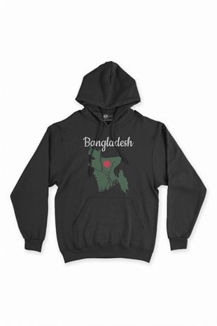 Bangladeş Haritalı ve Bayraklı Siyah Kapşonlu Sweatshirt Hoodie