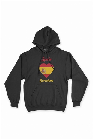 Barselona İspanya Bayraklı Kalpli Siyah Sweatshirt Hoodie