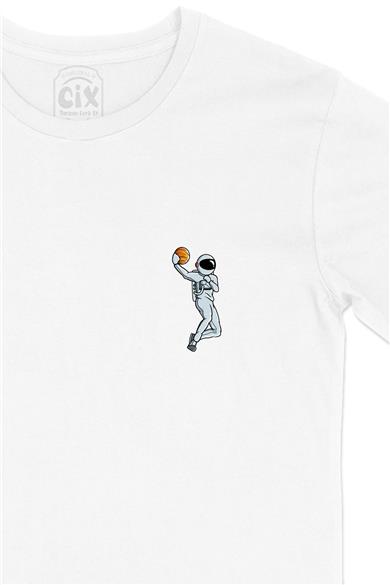 Basketbol Oyuncu Astronot Cep Tasarım Baskılı Beyaz Tişört