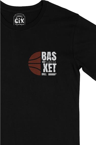 Basketbol Şampiyon Cep Tasarım Baskılı Siyah Tişört