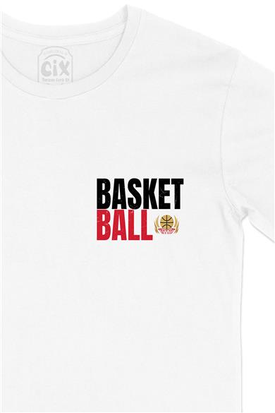 Basketbol Topu Cep Tasarım Baskılı Beyaz Tişört