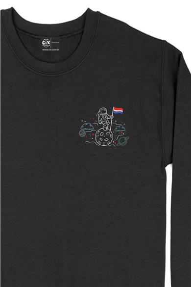 Bayraklı Astronot Çizimli Cep Tasarım Baskılı Sweatshirt