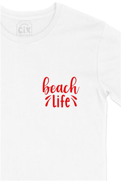 Beach Life Cep Tasarım Baskılı Beyaz Tişört