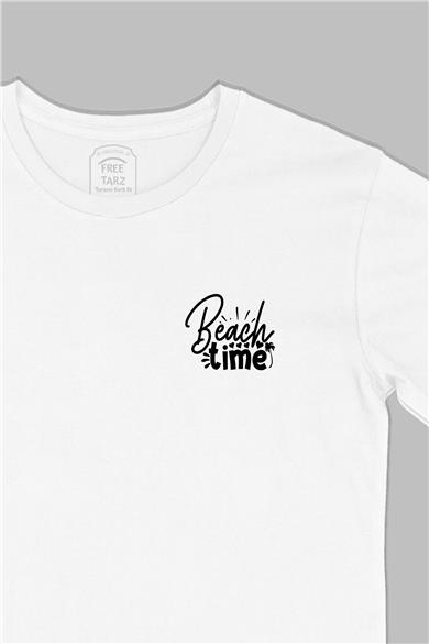 Beach Time Baskılı Cep Tasarım Beyaz Tişört