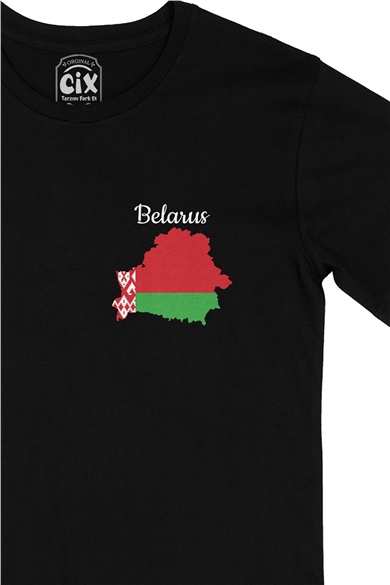 Belarus Haritalı ve Bayraklı Cep Logo Tasarımlı Siyah Tişört