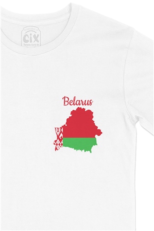 Belarus Haritalı ve Bayraklı Cep Logo Tasarımlı Beyaz Tişört