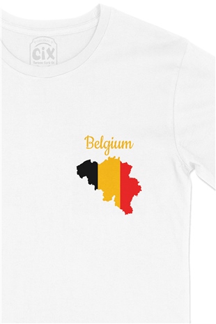 Belçika Haritalı ve Bayraklı Cep Logo Tasarımlı Beyaz Tişört