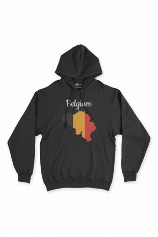 Belçika Haritalı ve Bayraklı Siyah Kapşonlu Sweatshirt Hoodie