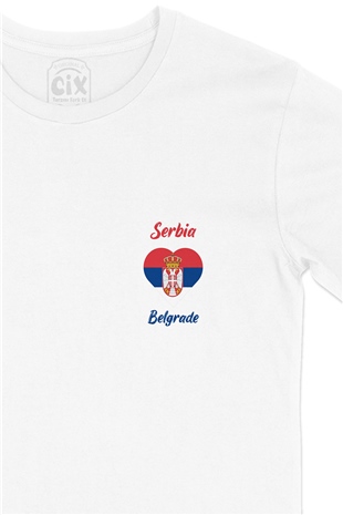 Belgrade Sırbistan Bayraklı Kalpli Cep Logo Tasarımlı Beyaz Tişört