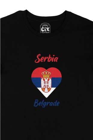 Belgrade Sırbistan Bayraklı Kalpli Siyah Tişört