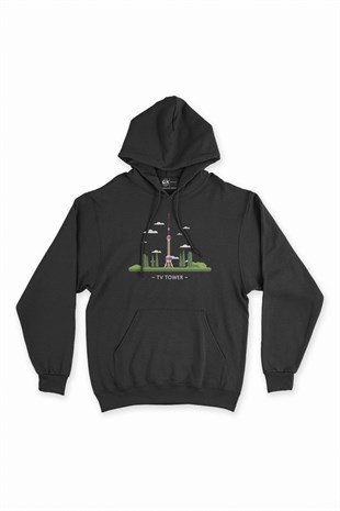 Berlin Tv Kulesi Siyah Kapşonlu Sweatshirt Hoodie