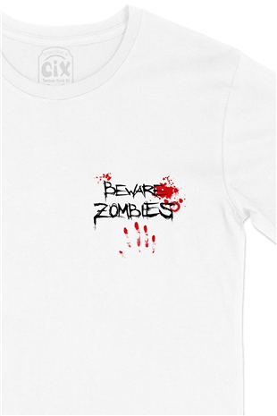Beware Zombies Cep Logo Tasarımlı Beyaz Tişört