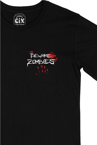 Beware Zombies Cep Logo Tasarımlı Siyah Tişört