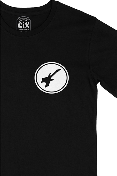 Beyaz Bass Gitar Cep Logo Tasarımlı Siyah Tişört
