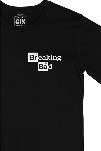 Beyaz Breaking Bad Yazılı Cep Logo Tasarımlı Siyah Tişört