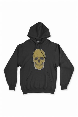 Beyaz Kuru Kafalı Siyah Kapşonlu Sweatshirt Hoodie