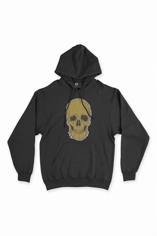 Beyaz Kuru Kafalı Siyah Kapşonlu Sweatshirt Hoodie