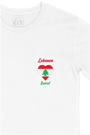 Beyrut Lübnan Bayraklı Kalpli Cep Logo Tasarımlı Beyaz Tişört