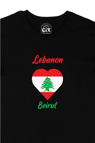 Beyrut Lübnan Bayraklı Kalpli Siyah Tişört