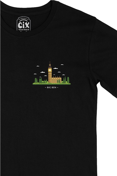Big Ben Cep Logo Tasarımlı Siyah Tişört
