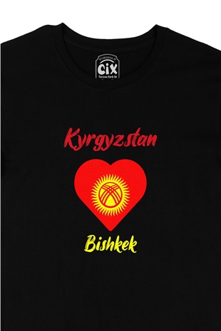Bişkek Kırgızistan Bayraklı Kalpli Siyah Tişört