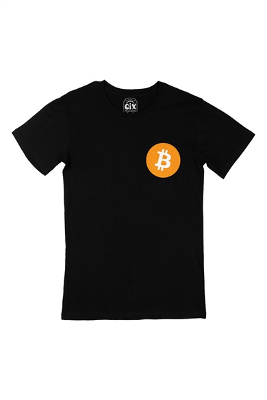 Bitcoin Logolu Cep Logo Tasarımlı Siyah Tişört
