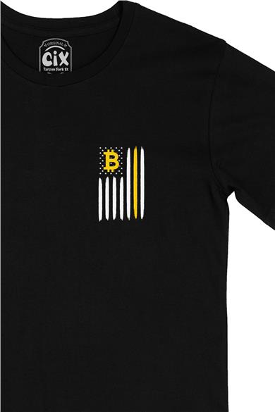 Bitcoin Tarz Cep Tasarım Baskılı Siyah Tişört