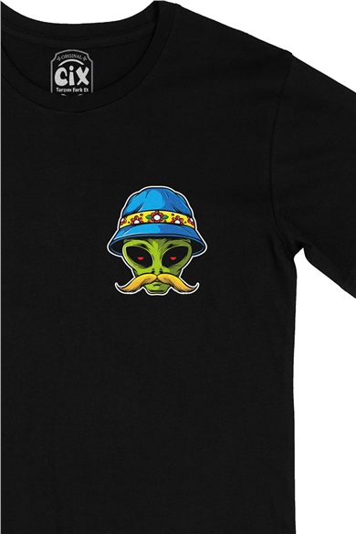 Bıyıklı Alien Cep Logo Tasarımlı Siyah Tişört