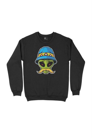 Bıyıklı Alien Siyah Sweatshirt