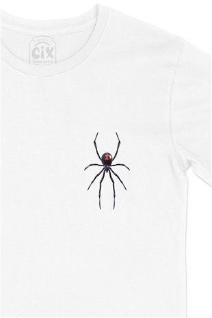 Black Widow Gerçek Örümcek Cep Logo Tasarımlı Beyaz Tişört