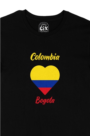 Bogota Kolombiya Bayraklı Kalpli Siyah Tişört