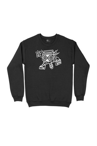 Boom Box Beyaz Robotlu Siyah Sweatshirt