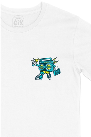 Boom Box Robot Cep Logo Tasarımlı Beyaz Tişört