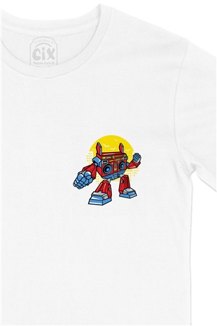 Boom Box Robotlu Cep Logo Tasarımlı Beyaz Tişört